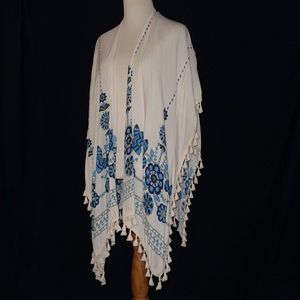 Boho style shall with fringe and blue floral details